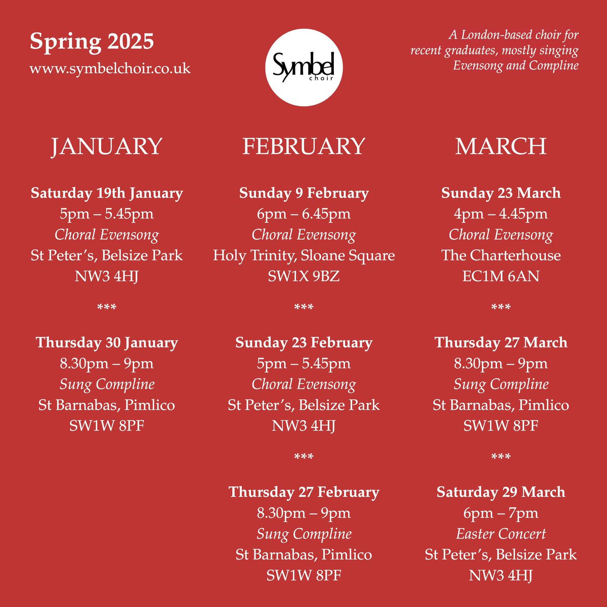 symbelchoir's tweet image. As we head into 2025, here are our forthcoming events for the next few months, culminating in Buxtehude’s ‘Membra Jesu nostri’ @StPeterBelsize on 29 March - do join us!