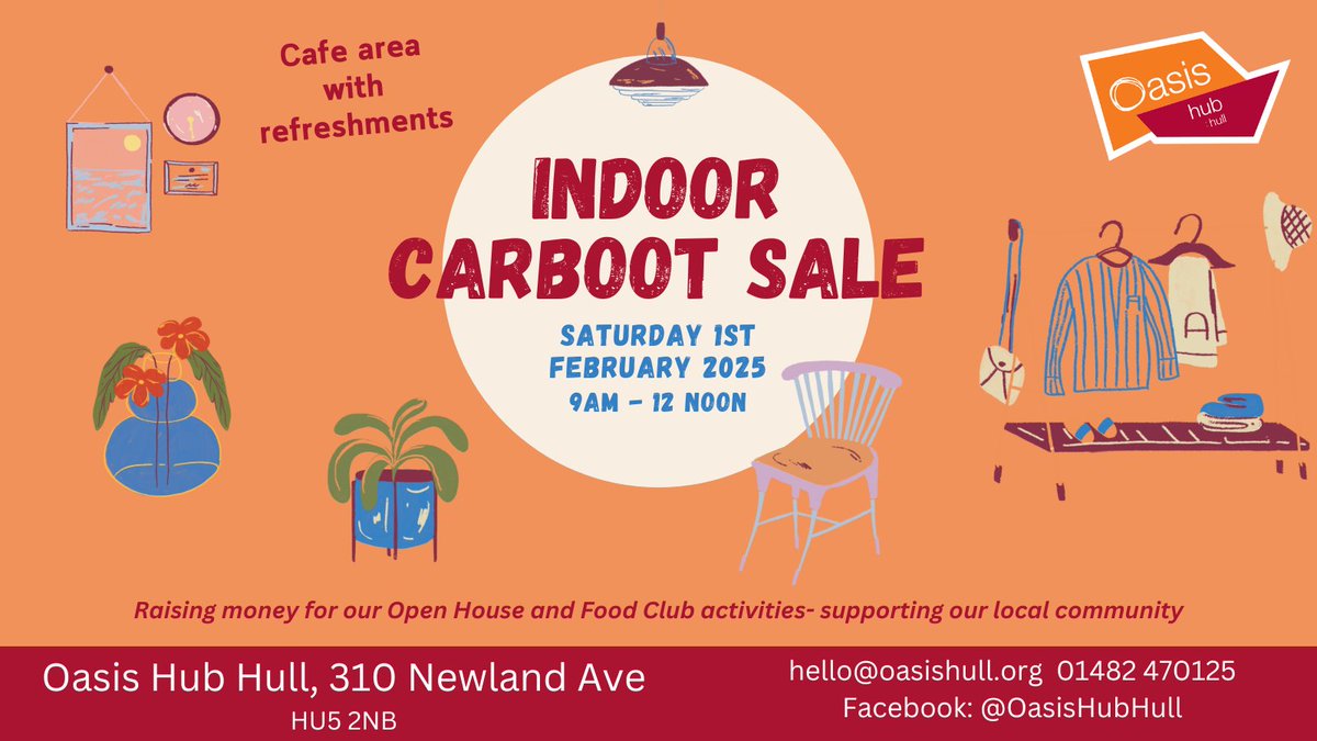 Having a New Year clear out?
Why not book a table at our indoor car boot sale 1st Feb and make money from your pre-loved items?

More info and to book your space online-
oasischurchhull.churchsuite.com/events/wak306gc

We are running this event to raise money for our Food Club and Open House. Thank you.