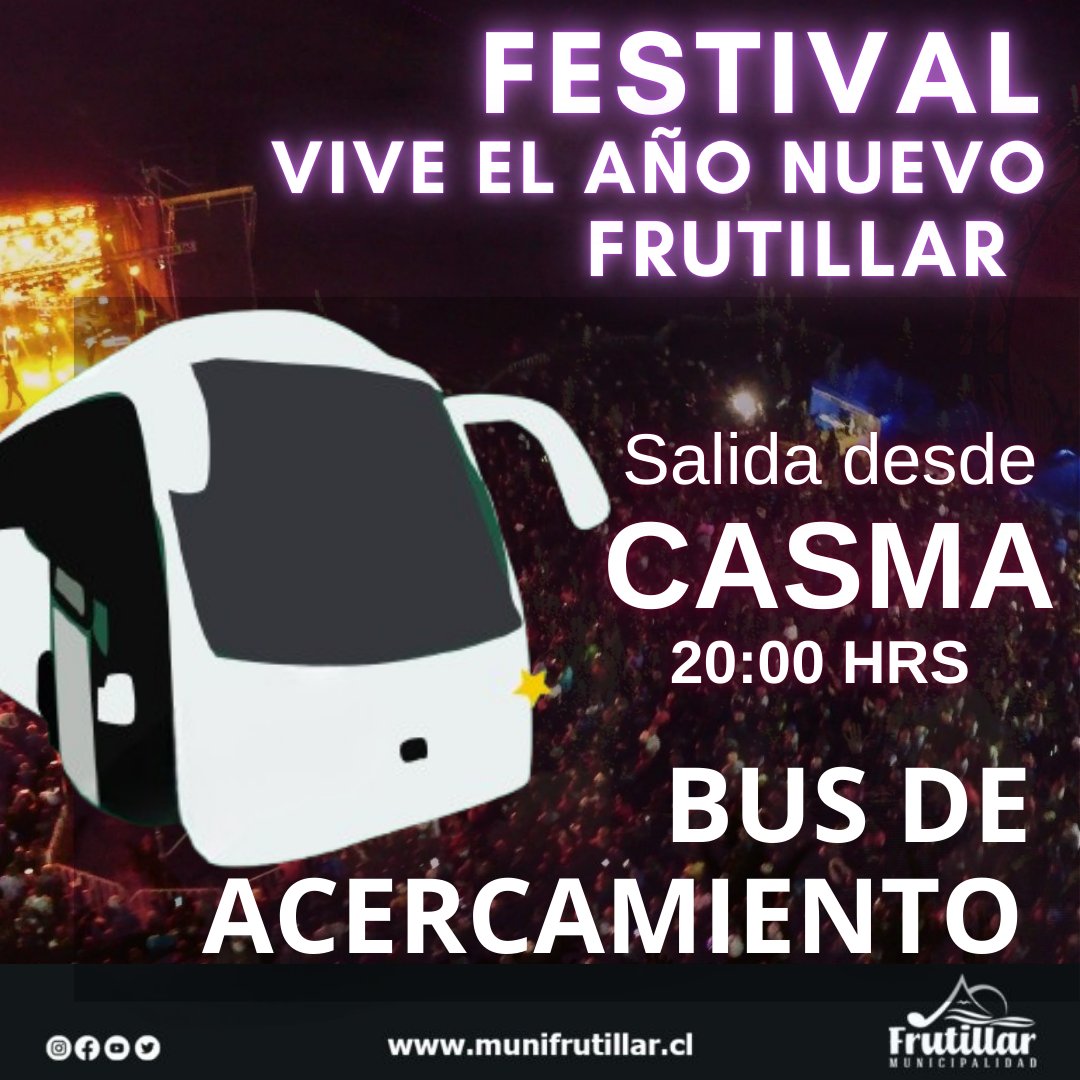 🚌Bus de acercamiento show año nuevo 🚌trasladará a los vecinos de Casma y alrededores para el show de año nuevo, el cual saldrá de Casma a las 20 horas, trasladando a los habitantes de la localidad y sectores aledaños.