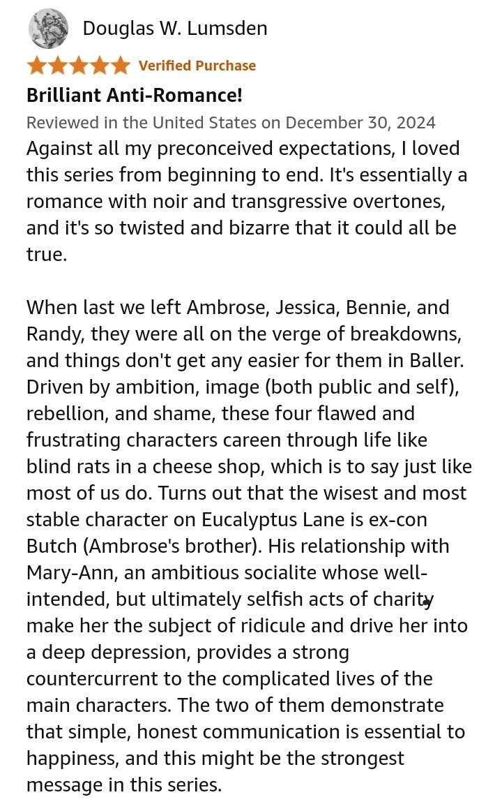 This fab review of the latest Eucalyptus Lane novel, Baller by @douglas_lumsden made my New Year! 😃📚 Many thanks, Douglas! Cheers!