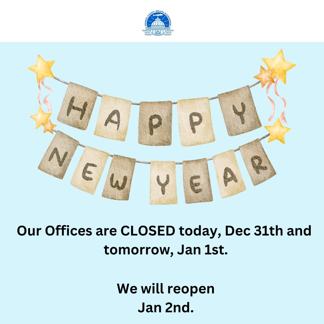Our offices will be closed on December 31st and January 1st as we take time to celebrate the holiday season with family and friends.
#HappyNewYear #HolidayHours #MonroeCountyIN #SeeYouIn2025