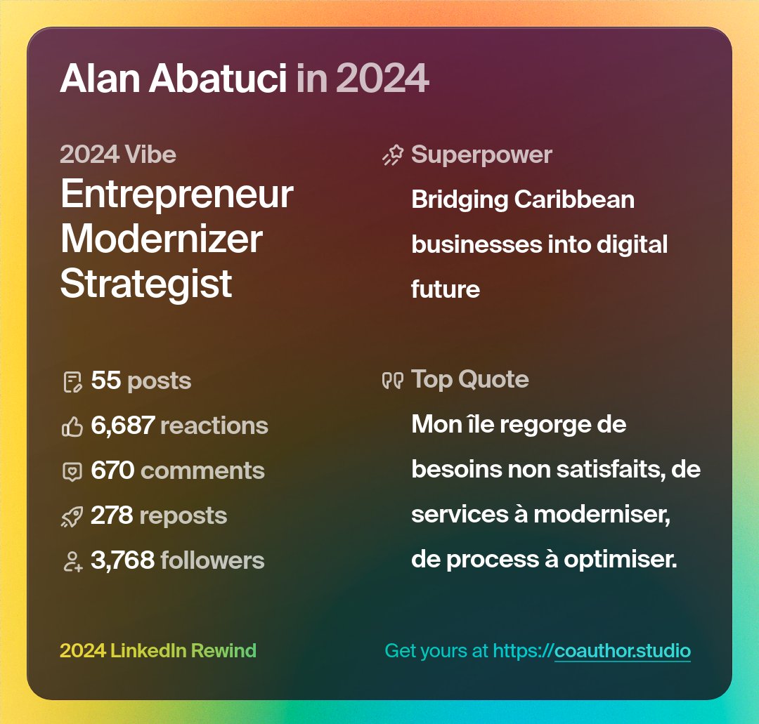 🔄 Rétrospective de 2024 sur <a href="/LinkedIn/">LinkedIn</a> 

⏳ En 2025, la mission reste claire : accélérer la transition digitale aux Antilles-Guyane, prouver que l'innovation peut naître de nos territoires, et continuer à créer de la valeur là où on ne nous attend pas.