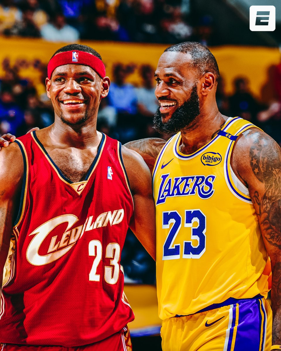 SportsCenter's tweet image. Tonight, LeBron will be the first player in NBA history to play a game as both a teenager and a 40-year-old 👑