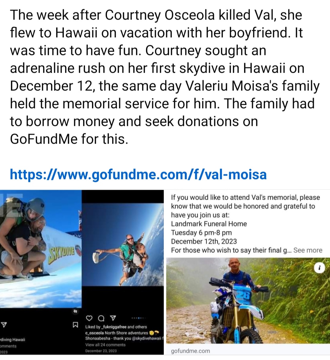 justicevalmoisa's tweet photo. SAY HIS NAME! VALERIU MOISA! 
An amazing life taken by Courtney Osceola who even to this day does not feel any regret. She carried on as if nothing happened. This is Courtney Osceola on the day of Val's funeral. Who kills someone and says "I want to go skydiving in Hawaii." ? https://t.co/XlW0oznhNK