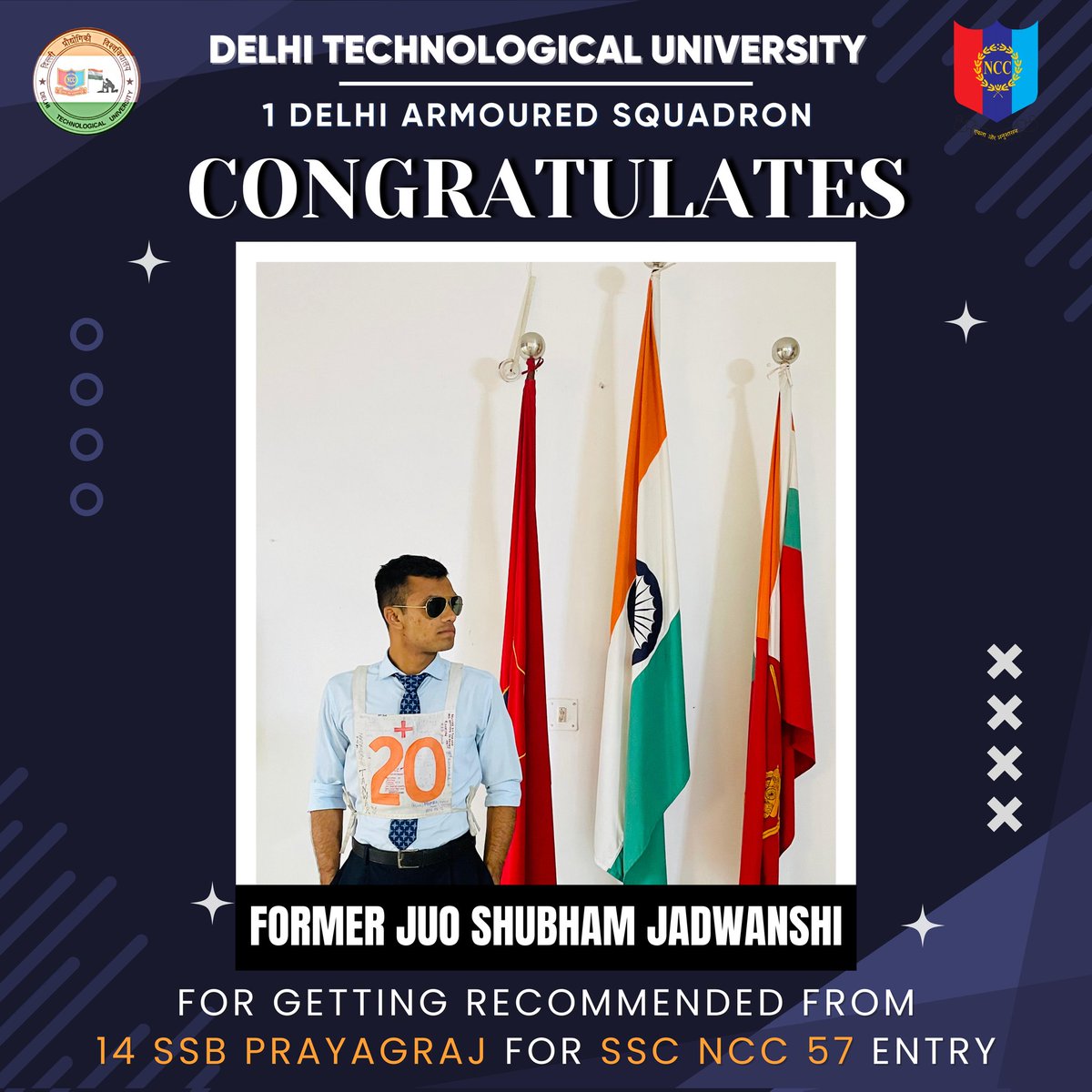 DTU NCC congratulates former JUO Shubham Jadwanshi on his 14 SSB Prayagraj recommendation for SSC NCC 57 Entry. His journey of dedication &amp; discipline inspires us all. Wishing him success on this honorable path of serving the nation.