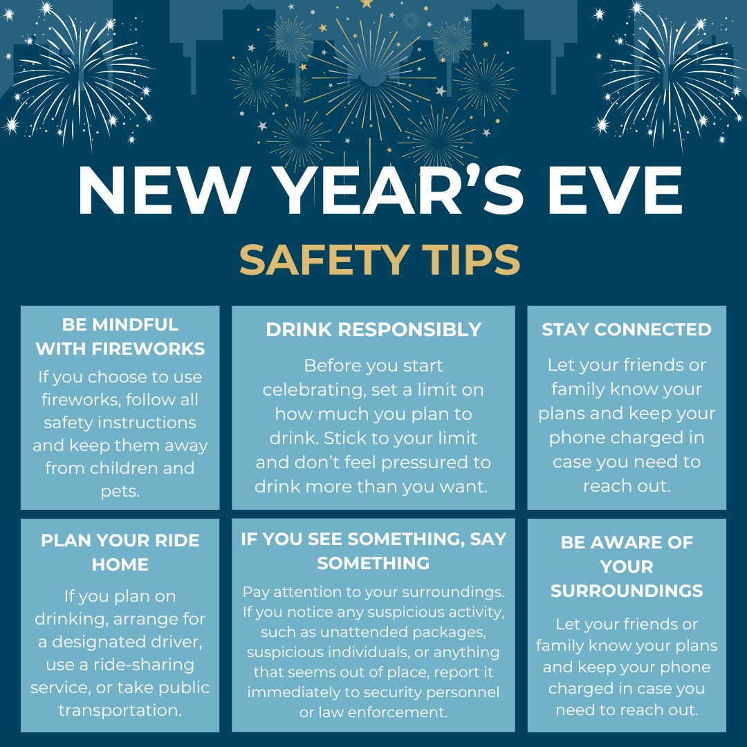 Ring in the New Year safely! ✨ 

From designated drivers to firework safety, let's make this New Year's Eve a memorable one for all the right reasons. The City of Clemson has some important safety tips to keep you and your loved ones safe as we celebrate. y