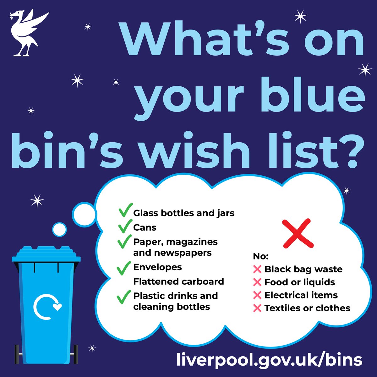 Clearing out the rubbish before your New Year's Eve party? Make sure you treat your blue bin right 💙

Check if something is on your bin's wishlist at recycleright.org.uk