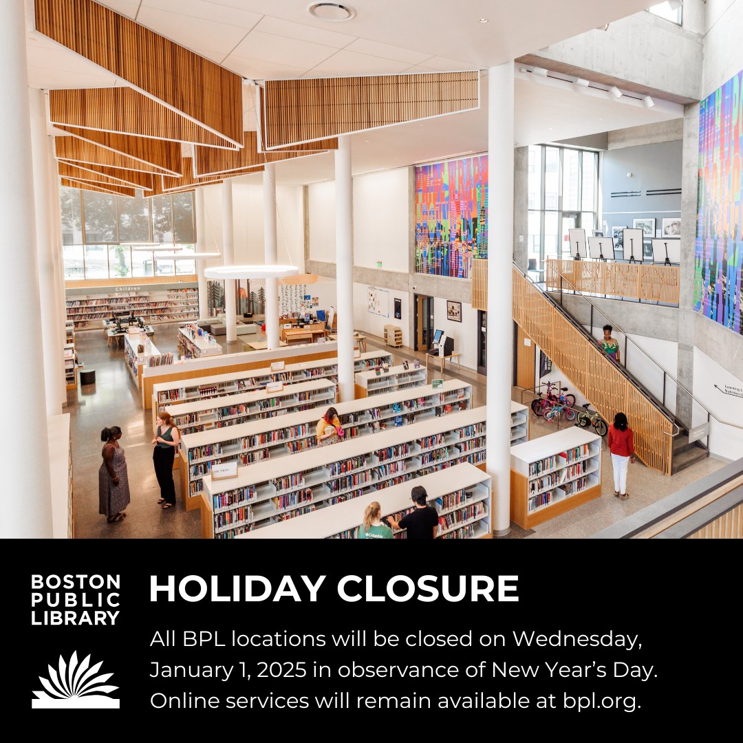 BPLMattapan (@bplmattapan) on Twitter photo <a href="/BPLMattapan/">BPLMattapan</a> will be open adjusted hours today (12/31) from 9 am to 5 pm and Closed tomorrow (1/1) in observance of New Year's Day. <a href="/BPLMattapan/">BPLMattapan</a> will be open adjusted hours today (12/31) from 9 am to 5 pm and Closed tomorrow (1/1) in observance of New Year's Day.
