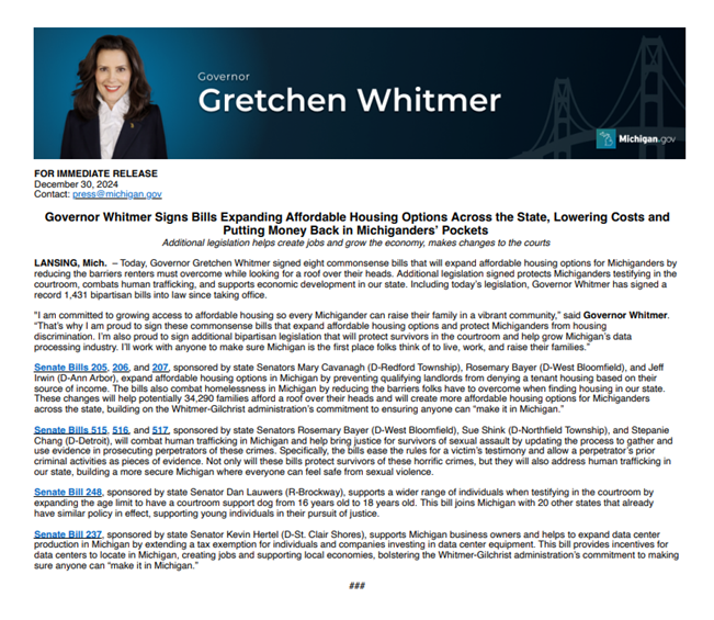 MI Gov signed SOI protections bills! MI now has state law prohibiting landlords w/ 5+ rentals from refusing to accept tenants paying rent w/ non-wage incomes (eg, housing vouchers, etc.)

Thanks Washtenaw Co electeds who sponsored/supported the bills, esp. Sen Irwin &amp; Rep Morgan!