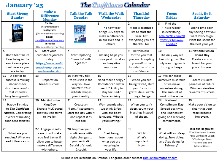 tamimatheny's tweet photo. Start 2025 strong! Confidence is created by what we do, say, and think on a consistent basis. Use this calendar to give you daily suggestions and tips to help you build and maintain confidence. Here's to having confidence in all we do and making 2025 the best year yet! #ConfidenceCalendar
*Sign up to receive monthly at https://t.co/hag6Ci5TC4