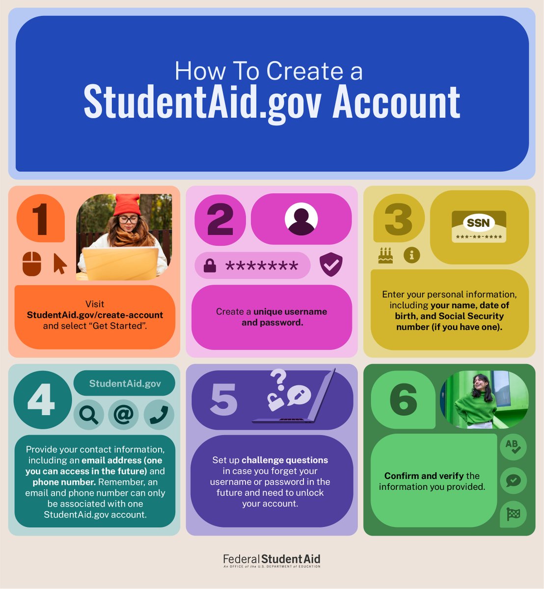 Are you and your contributors  ready to complete the 2025–26 FAFSA® form? 
You will each need your own StudentAid.gov account to complete the form. 
StudentAid.gov/create-account