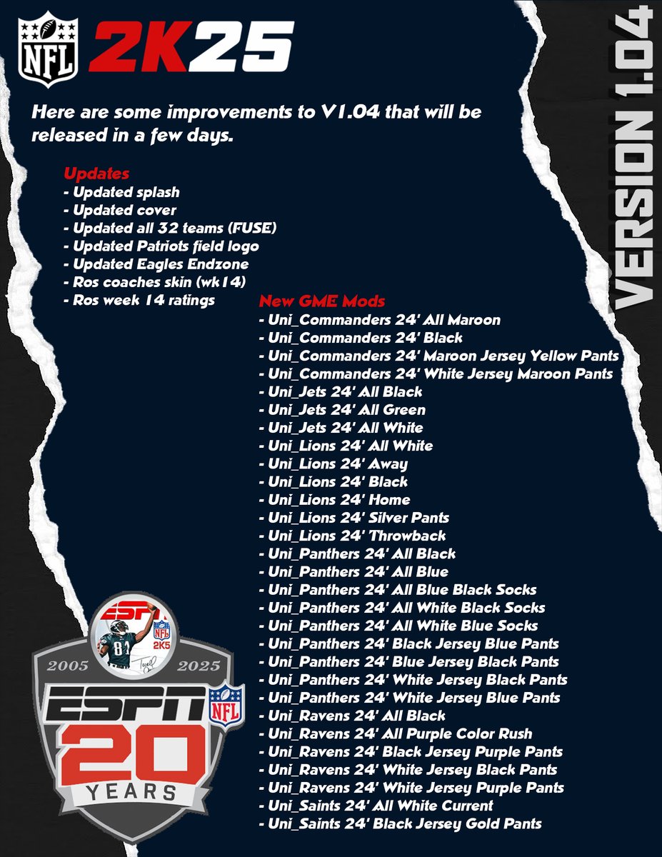 Coming soon - Update 1.04 focuses on updating all uniforms to use the Nike FUSE jersey template along with a few other updates including week 14 rosters. Happy New Year!

#nfl2k5 #nfl2kmod