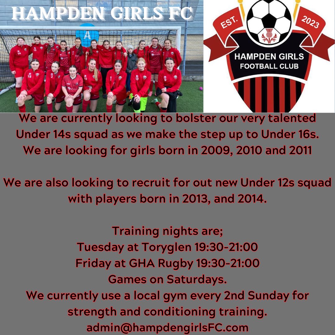 Hampden Girls FC Under16s (@hampdengirlsfc) on Twitter photo We are recruiting for all positions for our move to Under 16’s and for our brand new Under 12’s squad.<a href="/GirlsResults/">Scottish Football Results - Girls/Women</a> <a href="/AmyJIrons/">Amy Irons</a> <a href="/snhsfootball/">St Ninian's Football</a> <a href="/ScotFAWest/">West Region</a> <a href="/HillparkPe/">HillparkPE</a> <a href="/Holyrood_PE/">Holyrood PE Dept</a> <a href="/Jax_Mc_Media/">Jax Mc Media</a> <a href="/WilliamwoodHS/">Williamwood HS</a> <a href="/WHS_HWB1/">Woodfarm High HWB🏃</a> <a href="/DynoUK/">Dyno-Rod</a> <a href="/UK_Lindab/">Lindab UK</a> <a href="/ShawlandsPe/">Shawlands Academy PE</a> We are recruiting for all positions for our move to Under 16’s and for our brand new Under 12’s squad.<a href="/GirlsResults/">Scottish Football Results - Girls/Women</a> <a href="/AmyJIrons/">Amy Irons</a> <a href="/snhsfootball/">St Ninian's Football</a> <a href="/ScotFAWest/">West Region</a> <a href="/HillparkPe/">HillparkPE</a> <a href="/Holyrood_PE/">Holyrood PE Dept</a> <a href="/Jax_Mc_Media/">Jax Mc Media</a> <a href="/WilliamwoodHS/">Williamwood HS</a> <a href="/WHS_HWB1/">Woodfarm High HWB🏃</a> <a href="/DynoUK/">Dyno-Rod</a> <a href="/UK_Lindab/">Lindab UK</a> <a href="/ShawlandsPe/">Shawlands Academy PE</a>