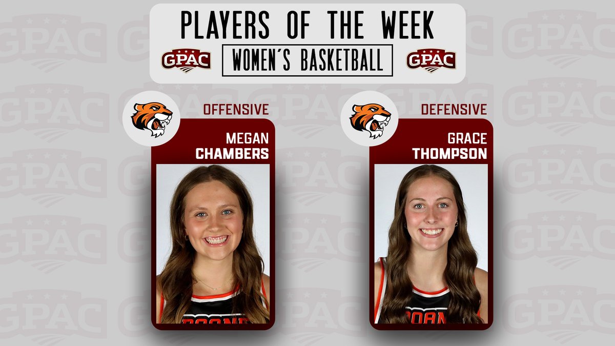 Great Plains Athletic Conference (@gpacsports) on Twitter photo WOMEN'S BASKETBALL: Week 9 Honors - The <a href="/DoaneAthletics/">Doane Tigers π―</a> sweep the week. (Offensive) Megan Chambers and (Defensive) Grace Thompson.
Complete Release:
tinyurl.com/gpacwbb9 WOMEN'S BASKETBALL: Week 9 Honors - The <a href="/DoaneAthletics/">Doane Tigers π―</a> sweep the week. (Offensive) Megan Chambers and (Defensive) Grace Thompson.
Complete Release:
tinyurl.com/gpacwbb9