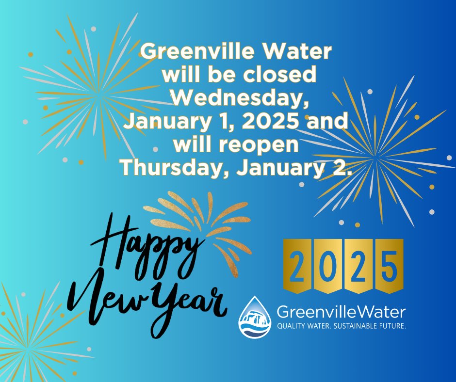 Greenville Water is closed tomorrow for the New Year holiday. If you need to pay a bill, use our online payment system found on our website: ipn2.paymentus.com/cp/gws1