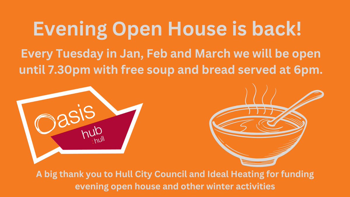We're excited to let you know that Evening Open House is back!
Each Tuesday in Jan, Feb and March we will be open through until 7.30pm, with free soup and bread served at 6pm.

Everyone is welcome to join us- we look forward to seeing you 🥰