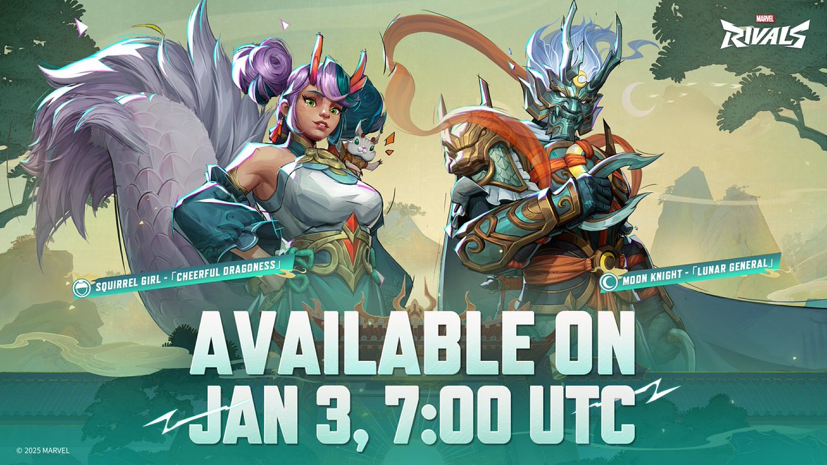 MarvelRivals's tweet image. 🐲 Awaken the Dragon Within! 🌙 
Prepare to channel the power of dragons as two legendary warriors arrive in Marvel Rivals! 

🌕 Moon Knight: Lunar General - The invincible general of K'un Lun, clad in azure scales and ready to guard the Temple of the Crescent Moon. 

🐿️ Squirrel…