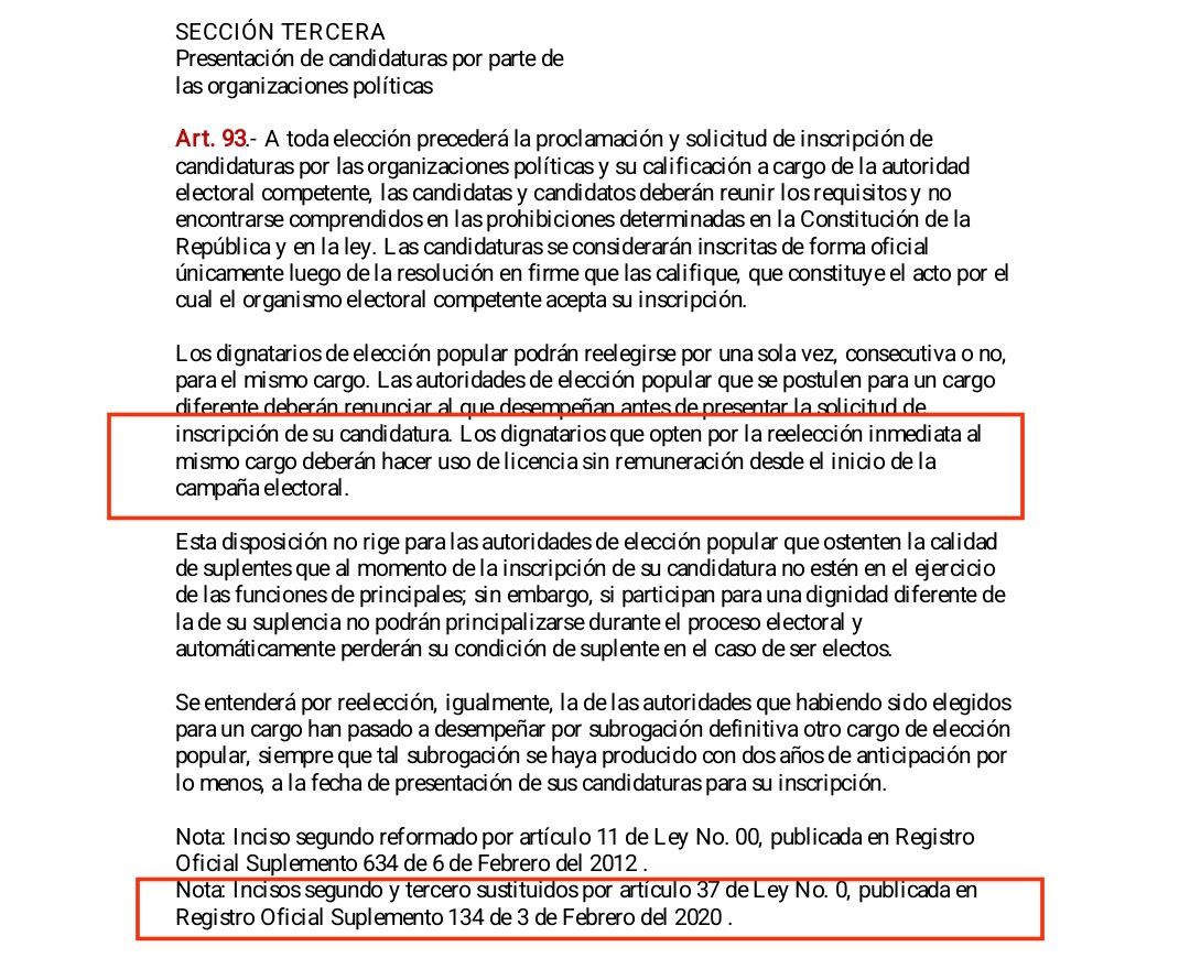 chernandezy's tweet photo. Ya que estamos exquisitos, el artículo 93 del Código de la Democracia (febrero 2020), no le obliga a "pedir" licencia al presidente, sino a "hacer uso de licencia". Puede no pedirla incluso, pero la Asamblea DEBE CONCEDERLE LICENCIA y punto!
No me crean, léanlo ustedes mismo 👇 https://t.co/X9cGh2Msnf