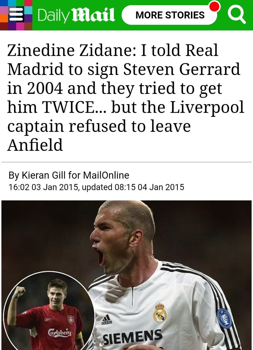 Zidane talking about telling Florentino Perez that he wanted Steven Gerrard to be his midfield partner:

"I know the club tried twice but he wouldn't leave Liverpool, not many players turn down Real Madrid that tells you the loyalty of the man"