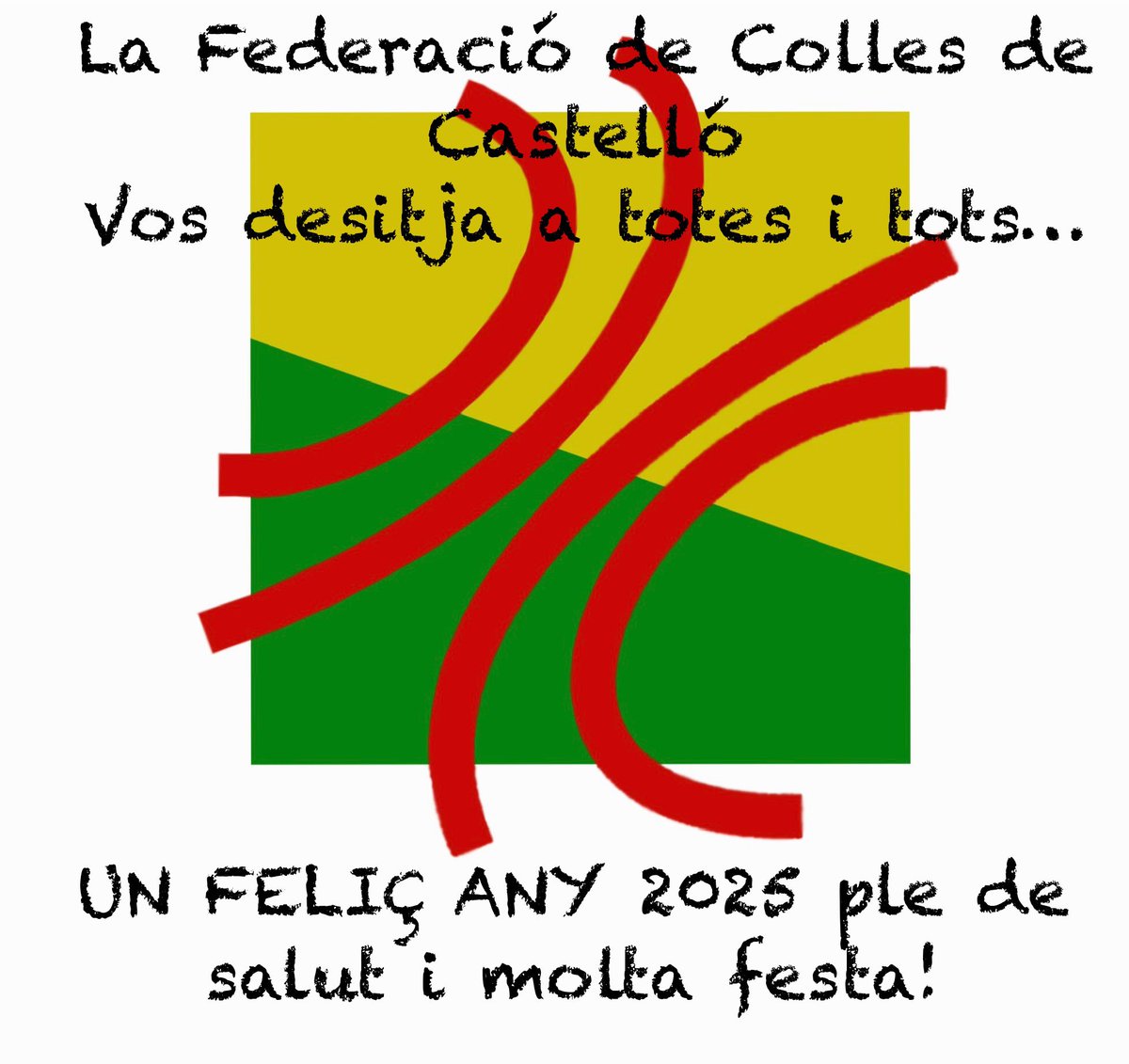 Des de la Federació de Colles de Castelló volem desitjar-vos a totes i tots un Feliç Any Nou.

Desitgem que aquest nou any ens porte tant de bo com siga possible a totes i tots, ple de bons moments per a compartir-los junts.

I per damunt de tot, desitjar-vos molta salut!