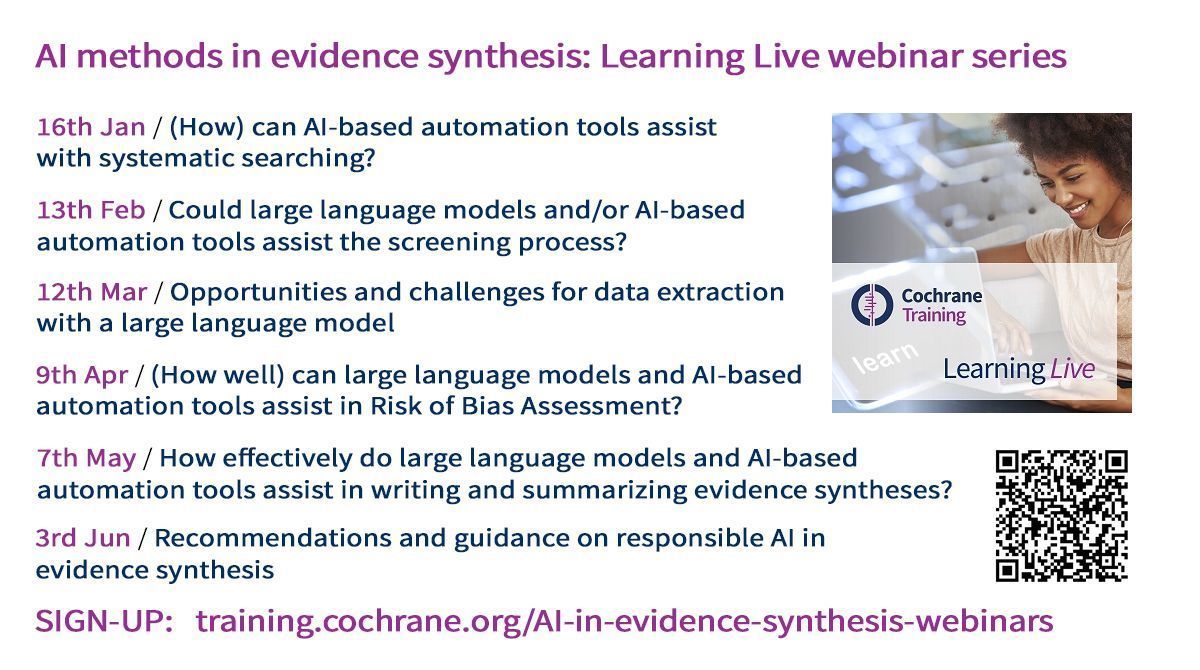 cochranecollab's tweet image. Sign up for free! Check out the @cochranetrain #cochranelearninglive series on #ArtificialIntelligence methods in evidence synthesis 🤖 Perfect for those looking to stay updated on #AI developments.
Open to all!
buff.ly/4hJWR3A