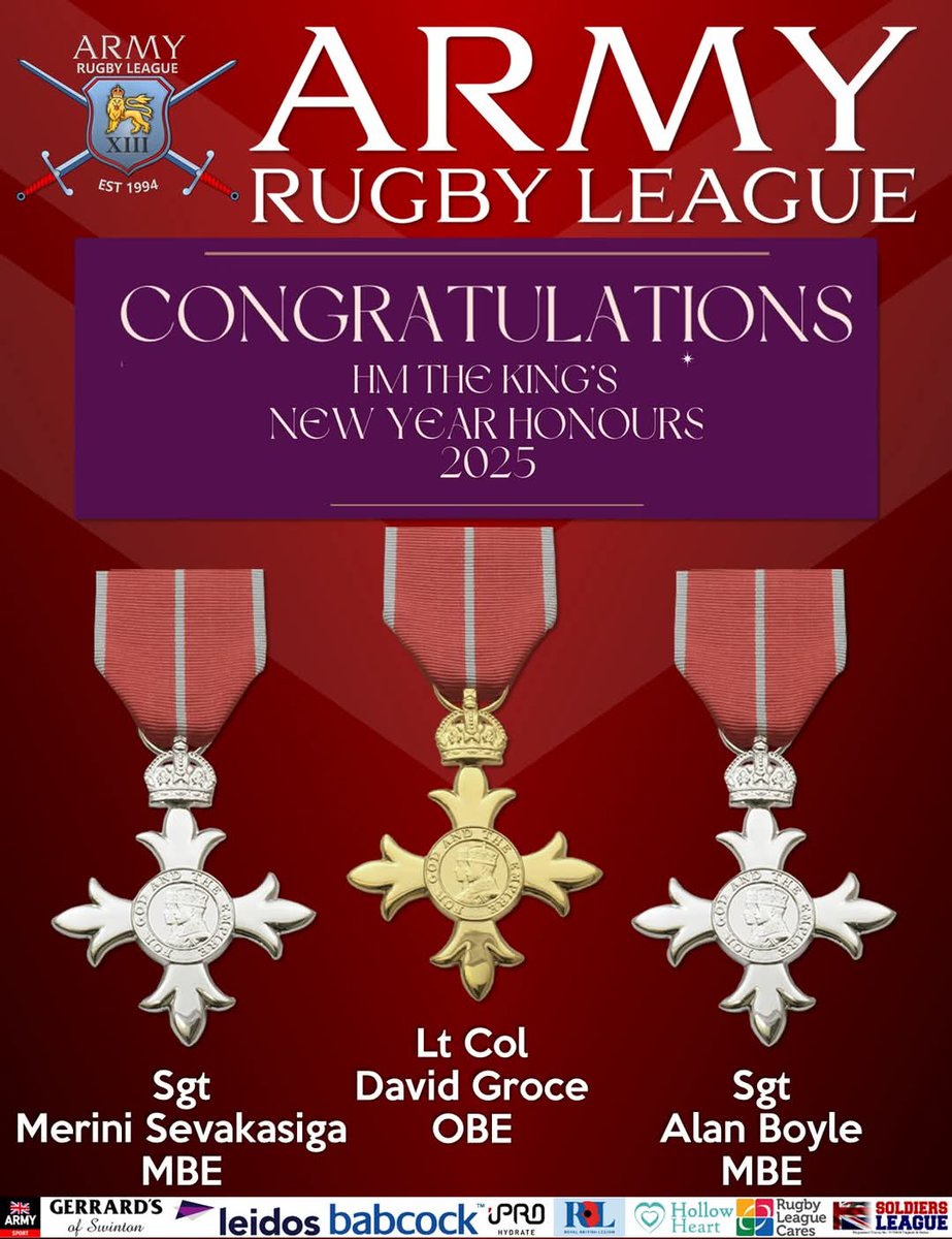 The <a href="/ArmyRugbyLeague/">Army Rugby League</a>   would like to congratulate the following on their appointment to the Military Division of The Most Excellent Order of the British Empire:

• Lt Col David Groce OBE

• Sgt Merini Sevakasiga MBE

• Sgt Al Boyle MBE

Well done all! 

 #NewYearsHonours