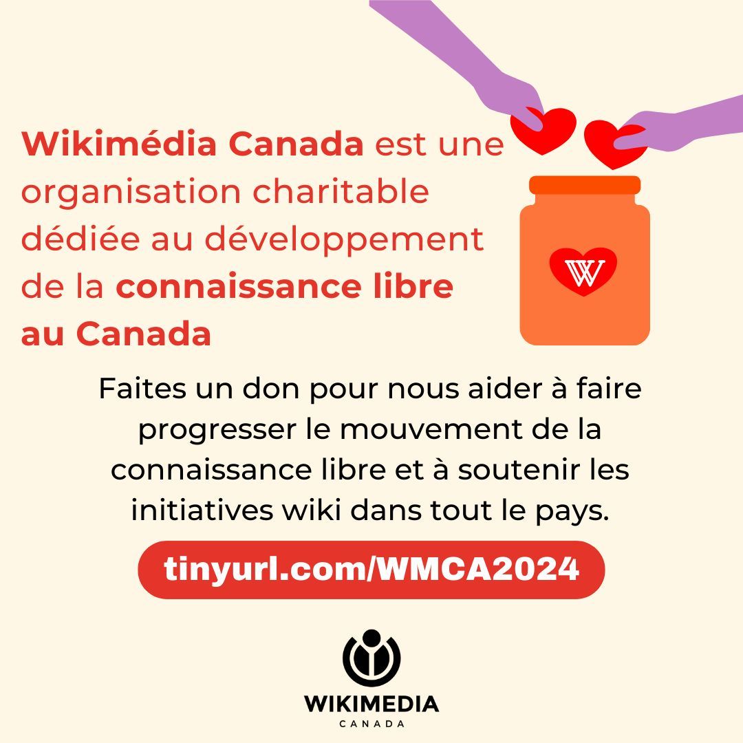 Wikimédia Canada (@wikimediacafr) on Twitter photo Dernier jour pour contribuer à notre collecte de fonds annuelle ! 💙
Votre don nous aide à poursuivre notre mission de rendre le savoir ouvert et accessible à tous. En nous soutenant, vous favorisez le développement du savoir libre à travers le Canada.
buff.ly/49KAB5M Dernier jour pour contribuer à notre collecte de fonds annuelle ! 💙
Votre don nous aide à poursuivre notre mission de rendre le savoir ouvert et accessible à tous. En nous soutenant, vous favorisez le développement du savoir libre à travers le Canada.
buff.ly/49KAB5M