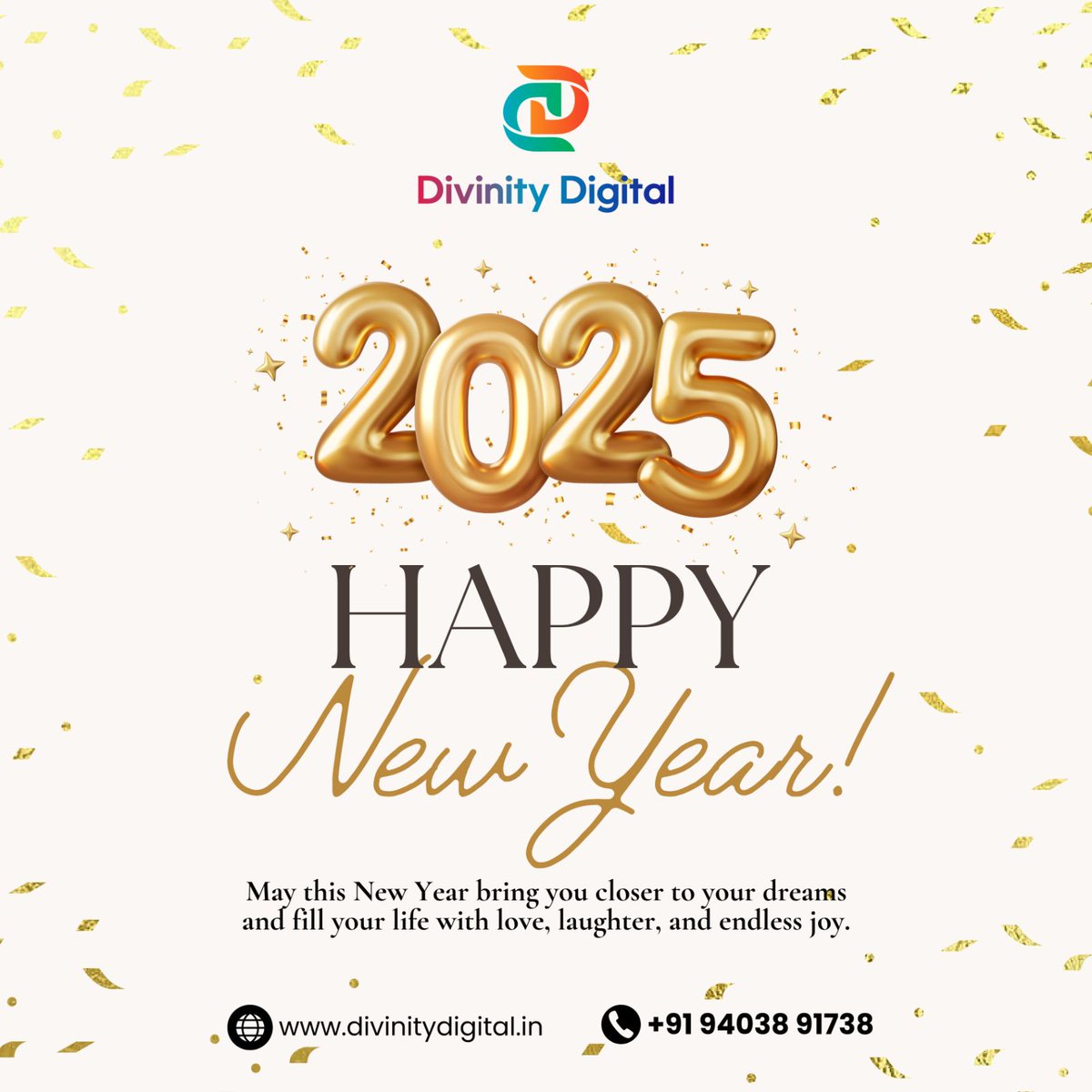 DigitalDiv61291's tweet image. 🎉 Happy New Year 2025 from Divinity Digital!

Thank you for being a part of our journey. Here’s to a year of creativity, innovation, and success! 🌟

divinitydigital.in

#NewYearWishes2025 #DivinityDigital #HappyNewYear