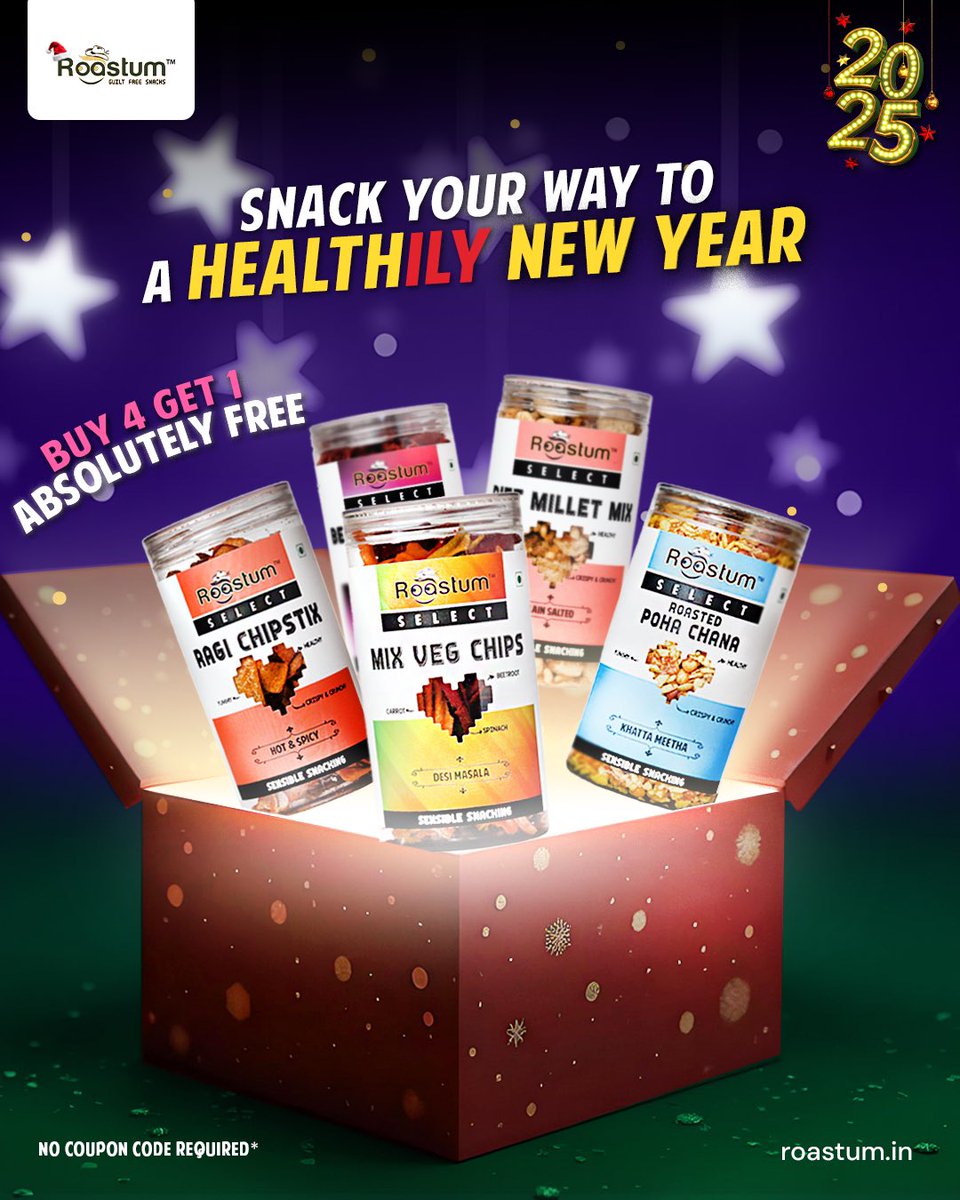roastum_in's tweet photo. New Year, New Snacking Goals!🥳 Start 2025 on a healthy note with Roastum’s guilt-free snacks. 

Buy 4 and get 1 FREE—no code needed🎉 Stock up today and snack your way to a Healthily New Year! 🤍

#roastum #newyear #newyear2025 #2025 #guiltfree #munchies #munch #crisp https://t.co/Ehtn2Un5gp