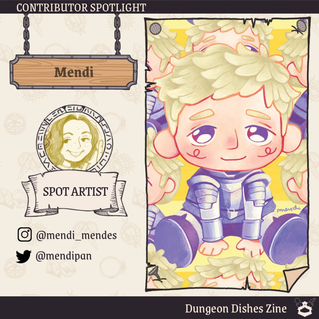 Dungeon Dishes Zine 🍗Creation period🍗 (@dungeondishes) on Twitter photo 🍗Contributor spotlight🍗
✨Spot artist <a href="/mendipan/">m mendi ૮ ・ ﻌ・ა ✨</a> will create amazing illustrations to accompany one of the articles❤️
🥘We encourage you to follow her and support her work!🥘 🍗Contributor spotlight🍗
✨Spot artist <a href="/mendipan/">m mendi ૮ ・ ﻌ・ა ✨</a> will create amazing illustrations to accompany one of the articles❤️
🥘We encourage you to follow her and support her work!🥘