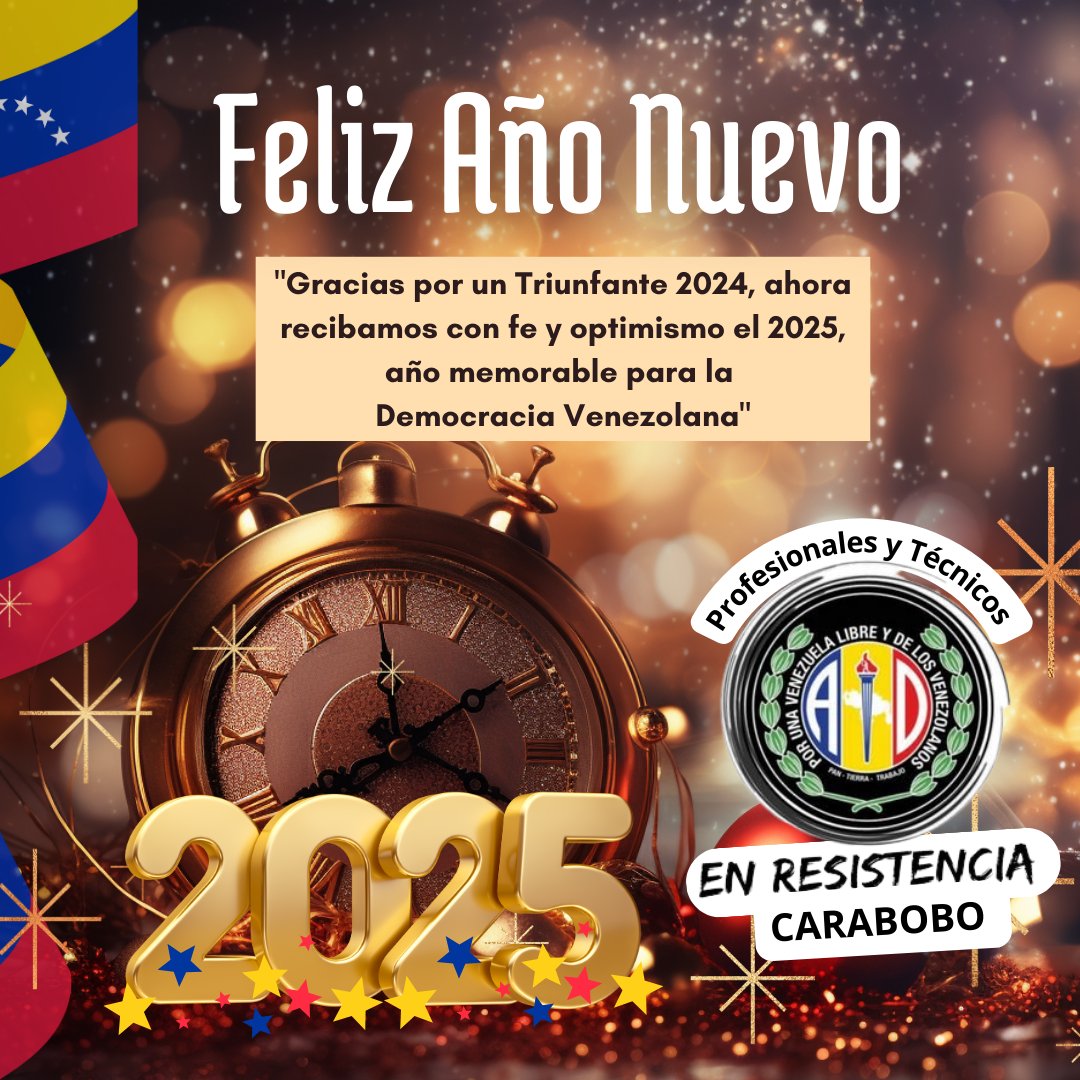 Los mejores deseos para que en éste naciente año 2025, podamos materializar la libertad, el restablecimiento de la democracia y bienestar pleno para nuestro país.

Dios bendiga a Venezuela!!

Un fuerte abrazo de FELIZ y TRIUNFANTE año 2025 para todos...