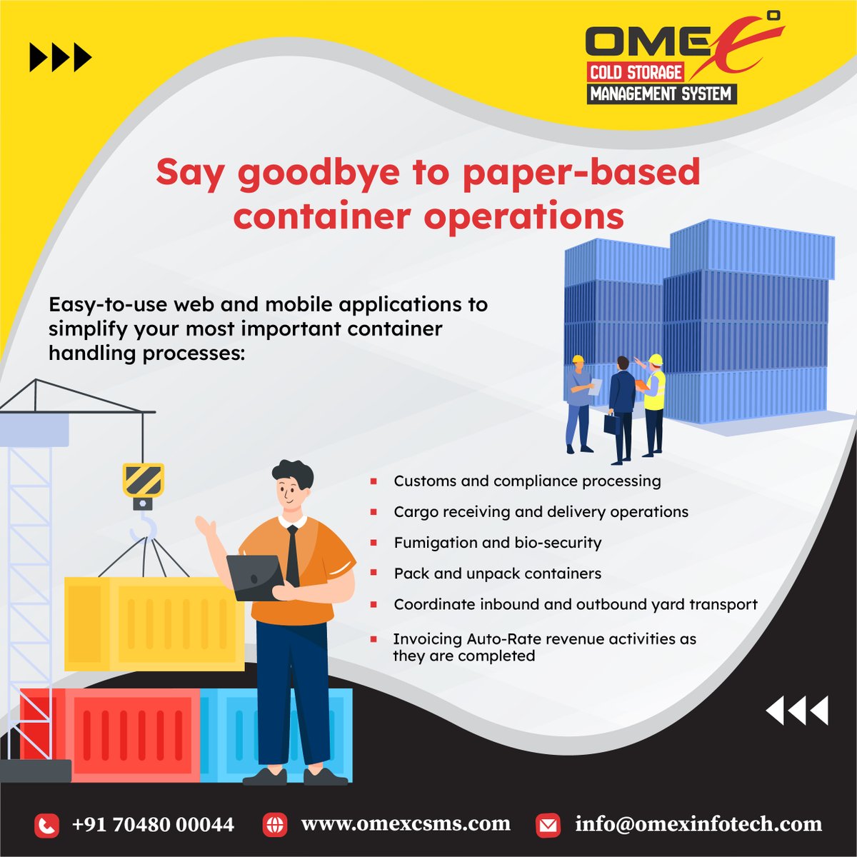 OmexCsms's tweet image. With @OmexCsms, we provide easy-to-use web and mobile applications to simplify your most important container handling processes

Make your container operations seamless and efficient with omexcsms.com !

#ContainerOperations #Logistics #SupplyChain #PaperlessSolutions