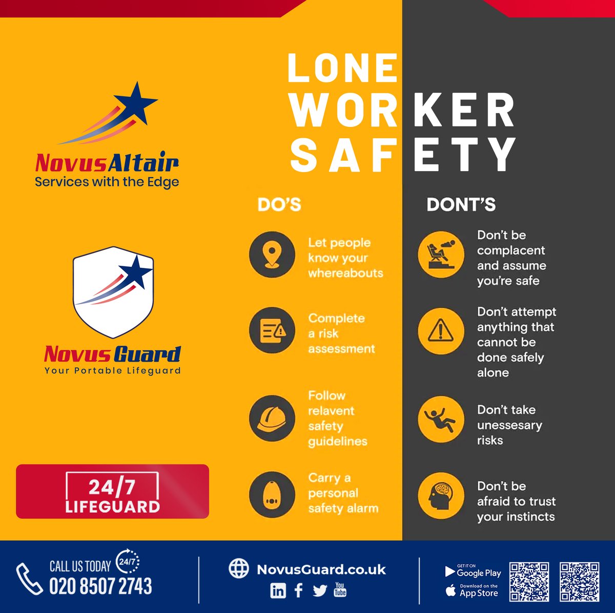 NovusAltair's tweet image. Keep safe when working alone! Do: Use Novus Guard for real-time tracking, raise SOS alarms, and benefit from geofencing. Don't: Ignore your safety; always book on/off sessions for monitoring. Ensure peace of mind with Novus Guard's comprehensive protection. #LoneWorkerSafety