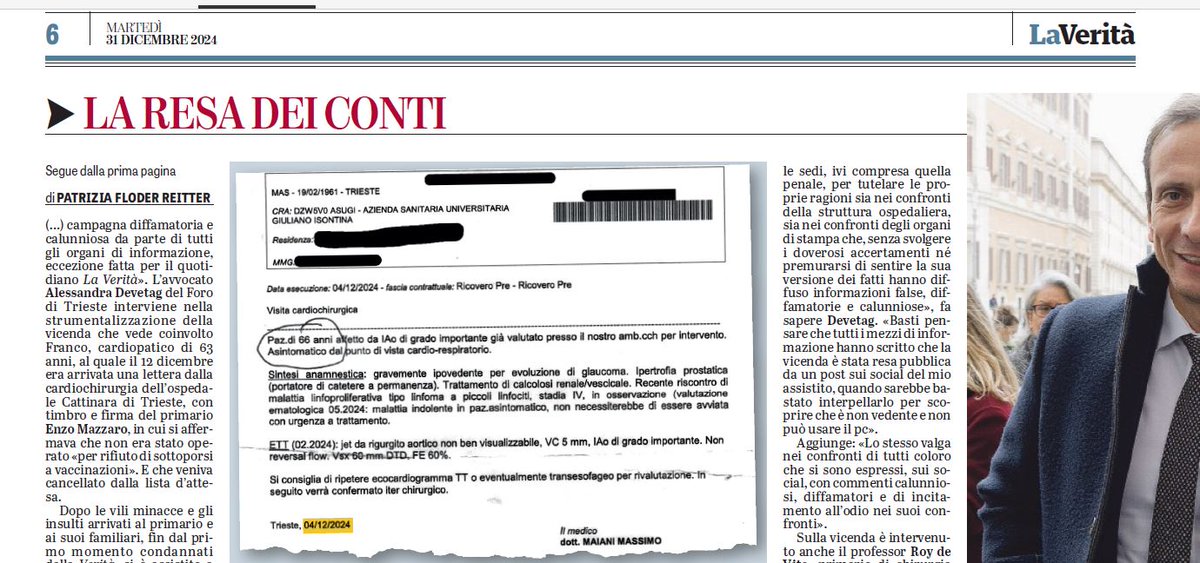 Ecco la conferma che il paziente non ha mai rinunciato all'intervento, come fa credere l'azienda ospedaliera. Pochi giorni prima di ricevere la lettera, l'iter era tutto confermato . Vergogna. <a href="/LaVeritaWeb/">La Verità</a>