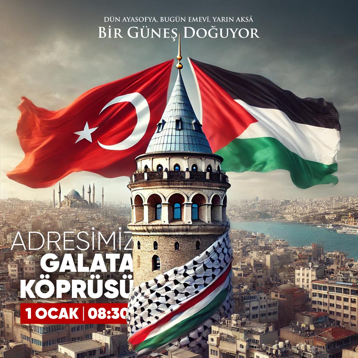 Siyonist işgale karşı durmak, mazlum Filistin için sesimizi yükseltmek ve insanlık onurun yanında saf tutmak için 1 Ocak'ta Galata'da buluşuyoruz. 

Gazze işgalden kurutulana, Filistin özgürleşene, Aksa'nın zincirleri kırılana kadar mücadelemiz devam edecek. 

Galata'da yürekler