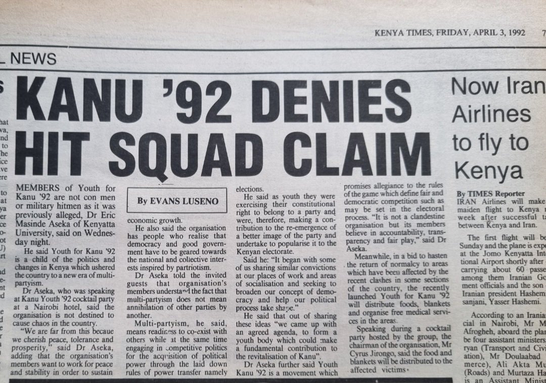 MwangiGithahu's tweet photo. What a coincidence that in 1992 Youth for Kanu (YK'92) leaders were forced to deny that they were a hit squad and 32 years later with one of the group's leaders at the nation's helm there are actual abduction squads running around https://t.co/m1Kztcv6bC