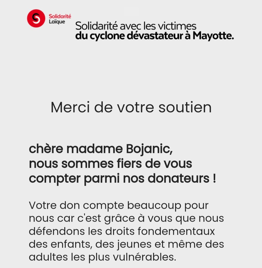 Alexandra Bojanic (@alexboj06) on Twitter photo Il est encore temps de faire un don pour soutenir les populations sinistrées à Mayotte à <a href="/SolidLaique/">Solidarité Laïque</a> <a href="/FSU_SNUipp/">FSU-SNUipp</a> <a href="/FSUOrne/">FSU de l'Orne</a>
soutenir.solidarite-laique.org/~share?cid=256… Il est encore temps de faire un don pour soutenir les populations sinistrées à Mayotte à <a href="/SolidLaique/">Solidarité Laïque</a> <a href="/FSU_SNUipp/">FSU-SNUipp</a> <a href="/FSUOrne/">FSU de l'Orne</a>
soutenir.solidarite-laique.org/~share?cid=256…