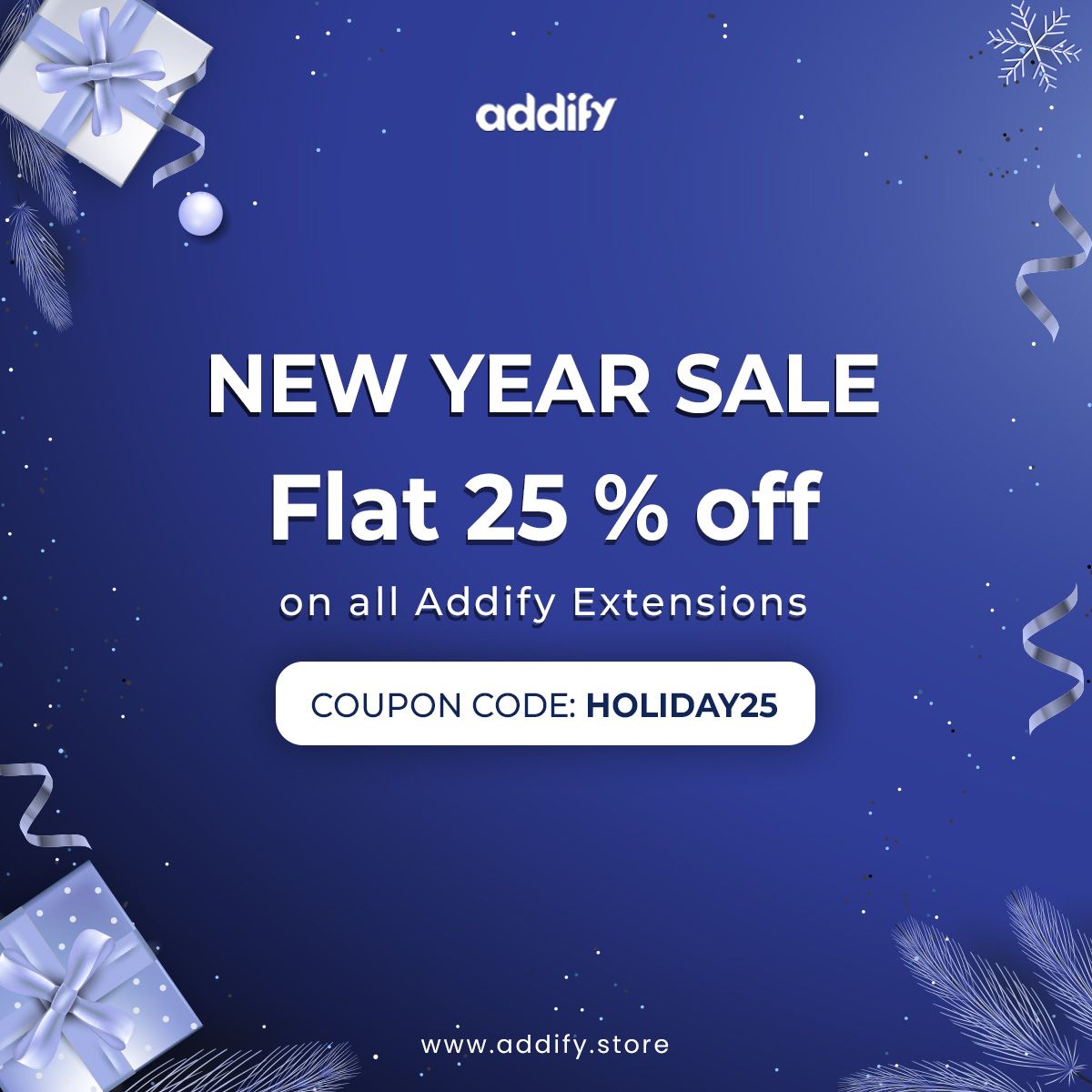 Addify2's tweet image. 🎉 Ring in the New Year with BIG savings! 🎉
Celebrate 2025 with 25% OFF on all Addify extensions! 🛒
Use Promo Code: HOLIDAY25 at checkout.
Start the year strong with tools to elevate your online store! 🚀
👉 Shop now: addify.store
#NewYearSale #Addify #WooCommerce