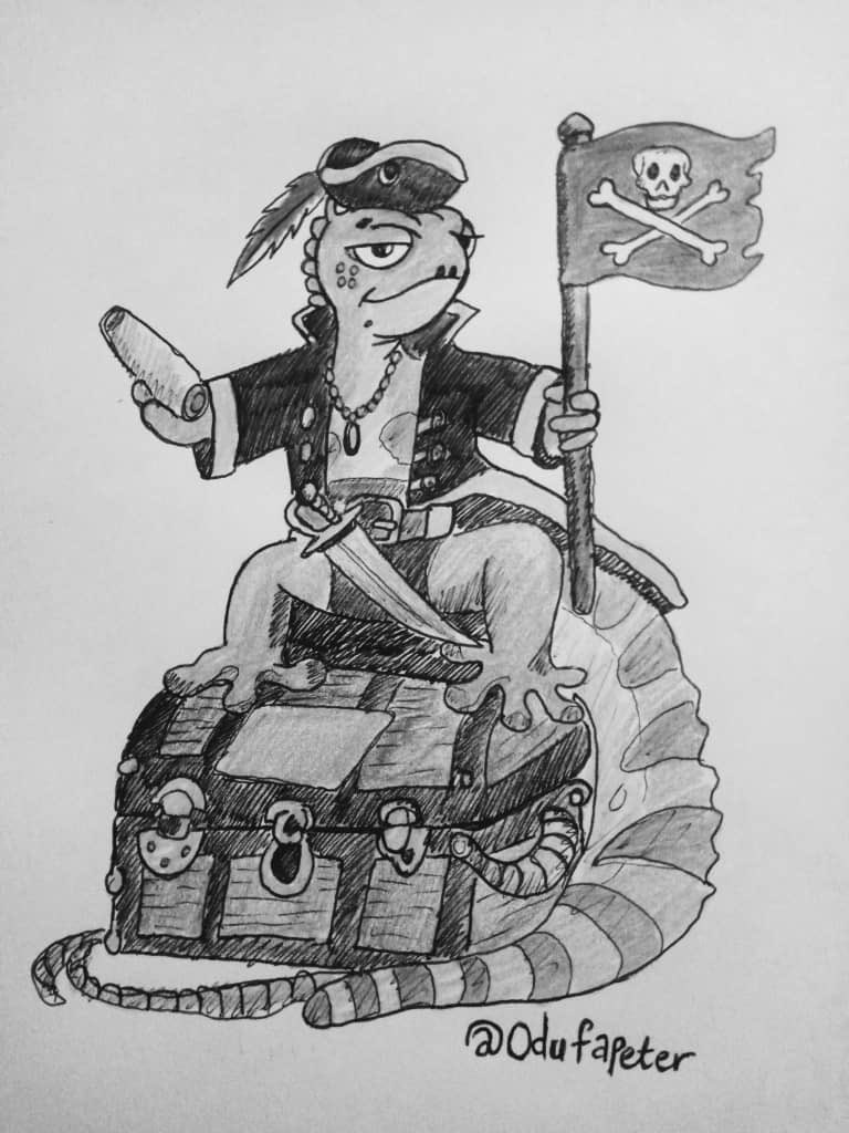 OdufaPeter's tweet photo. In my own little way of showing support for the upcoming @MelancholyJimmy NFT project, led by the incredible @Donnie_eth, I decided to take my eyes off my computer screen, pick up my pen, and create this beautiful piece✍🏻. #JimmyArt 

Introducing to you all: Captain Jimmy, the smallest pirate with the biggest dreams 🌙. Scourge of the Seven Sands 🏴‍☠️, and seeker of all radiant treasures 💎! No gem is safe from this daring gecko🦎.