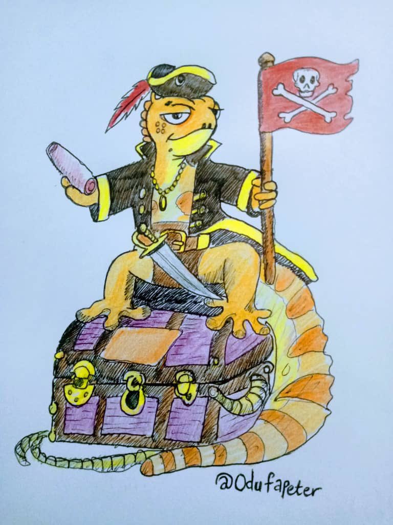 OdufaPeter's tweet photo. In my own little way of showing support for the upcoming @MelancholyJimmy NFT project, led by the incredible @Donnie_eth, I decided to take my eyes off my computer screen, pick up my pen, and create this beautiful piece✍🏻. #JimmyArt 

Introducing to you all: Captain Jimmy, the smallest pirate with the biggest dreams 🌙. Scourge of the Seven Sands 🏴‍☠️, and seeker of all radiant treasures 💎! No gem is safe from this daring gecko🦎.