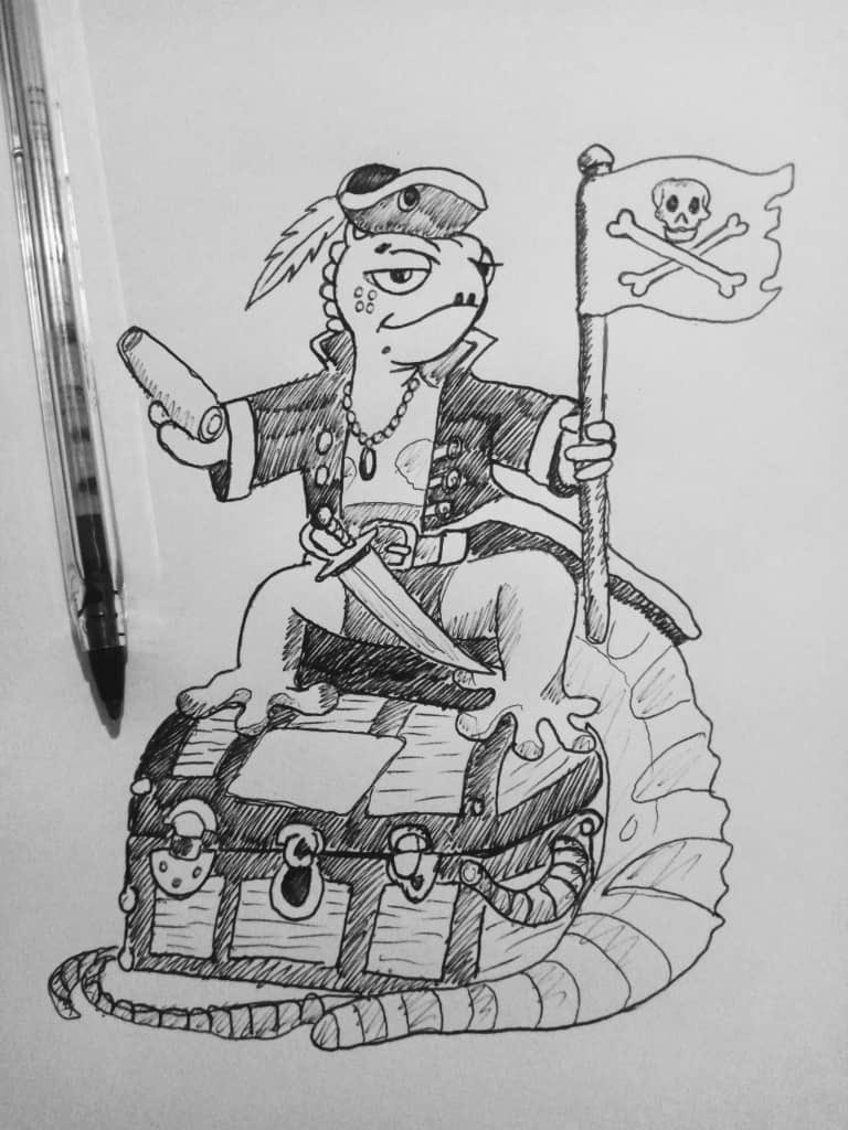 OdufaPeter's tweet photo. In my own little way of showing support for the upcoming @MelancholyJimmy NFT project, led by the incredible @Donnie_eth, I decided to take my eyes off my computer screen, pick up my pen, and create this beautiful piece✍🏻. #JimmyArt 

Introducing to you all: Captain Jimmy, the smallest pirate with the biggest dreams 🌙. Scourge of the Seven Sands 🏴‍☠️, and seeker of all radiant treasures 💎! No gem is safe from this daring gecko🦎.