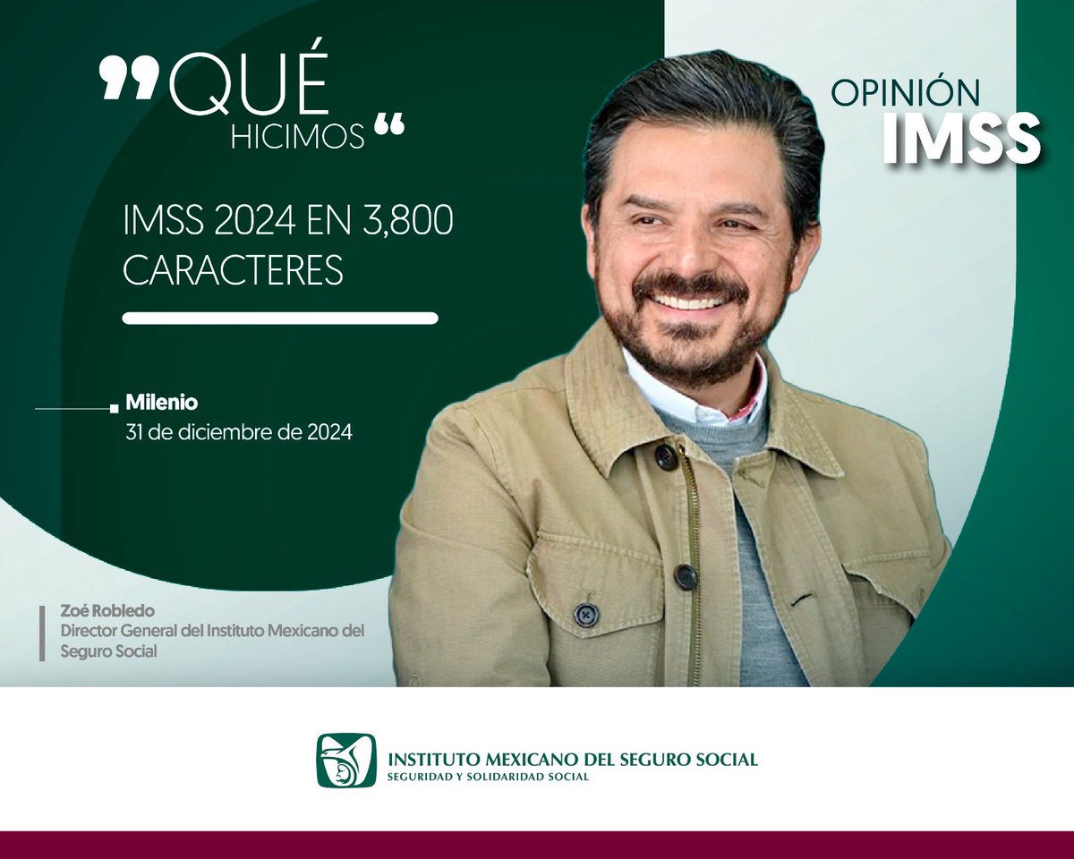 Tu_IMSS's tweet photo. IMSS 2024 en 3,800 caracteres

🖋️#OpiniónIMSS del Mtro. Zoé Robledo, Director General del IMSS 

⏩️⏩️ https://t.co/e4bGm1Vne0 https://t.co/2baOGHsAPp