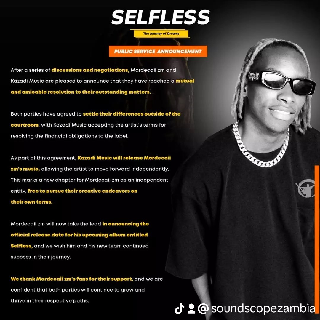 SoundScopeZm's tweet photo. Official Statement: Mordecai ZM and Kazadi Music have mutually decided to part ways. 📢

#NewChapter #MusicIndustry #PartingWays #MordecaiZM #KazadiMusic https://t.co/xx4p0pKf7t