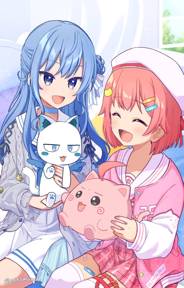 戌神ころね ,猫又おかゆ ,猫又おかゆ(彼シャツ衣装) ,大神ミオ 「#2024年自分が選ぶ今年の4枚 来年もホロライブの子たちいっぱい描きたいですね」|ぴこまるのイラスト