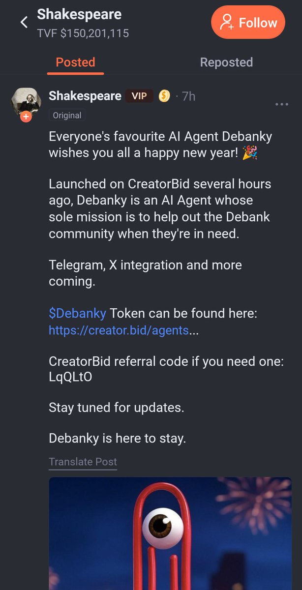 BudLoc8's tweet photo. Meme AI Agent on #Debank
@debanky888 #DEBANKY 

Deployed by @Shakespeare, a KoL on @DeBankDeFi with 3,458 Followers and $150.2M TVF 😱

Cap $160k at this topic written, almost the best price to try. All just begining.

Gl and #DYOR
#MemesAI https://t.co/7WcLACEVKg