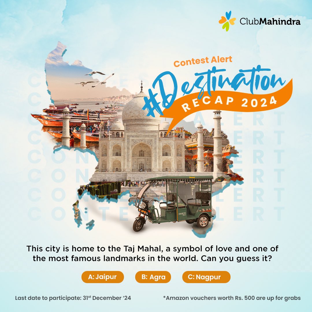 clubmahindra's tweet photo. #ContestAlert 6 of 6

Participate in all #DestinationRecap2024

STEPS

1) Commenting using #DestinationRecap2024 &amp; tagging 4 friends &amp; @clubmahindra is mandatory.

2) Participate in all 6 contest posts. Winners get Amazon vouchers worth INR 500 each https://t.co/gZzE3nFxlj