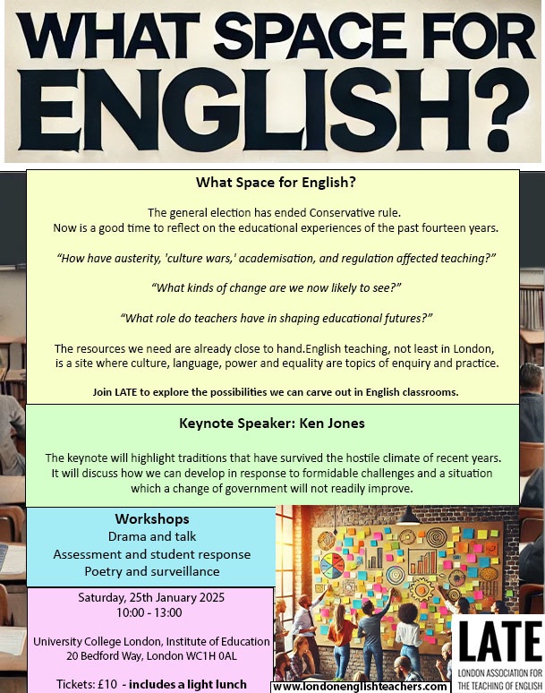 Myfanwy Edwards (@miff__) on Twitter photo 25th January ‘What Space for English’ an event celebrating and exploring what English is/ has been/ can be as we look forward. At UCL Institute of education, will post eventbrite ASAP!
Workshops by teachers on drama, talk & poetry
#TeamEnglish <a href="/EnglishAssoc/">English Association</a> <a href="/EngMediaCentre/">English & Media Ctr</a> 25th January ‘What Space for English’ an event celebrating and exploring what English is/ has been/ can be as we look forward. At UCL Institute of education, will post eventbrite ASAP!
Workshops by teachers on drama, talk & poetry
#TeamEnglish <a href="/EnglishAssoc/">English Association</a> <a href="/EngMediaCentre/">English & Media Ctr</a>