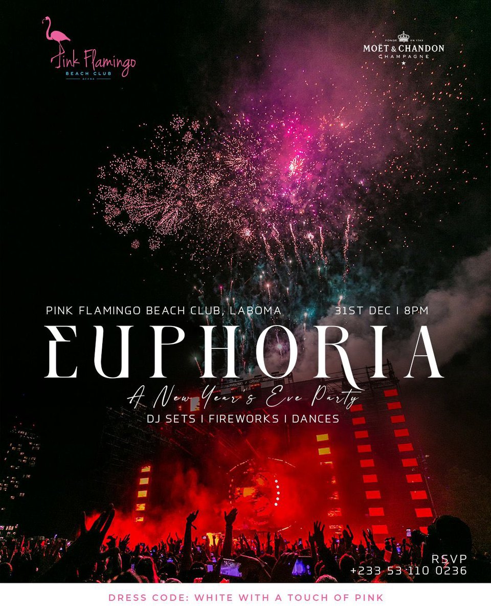 PinkFlamingoBC's tweet photo. The biggest party to hit the shores of Accra today. Euphoria @PinkFlamingoBC. Doors open from 8pm. Come dressed in white with a touch of pink and stand a chance to win something nice from our sponsor, Moet. 

#PinkFlamingo #Euphoria https://t.co/oZGrglChPj