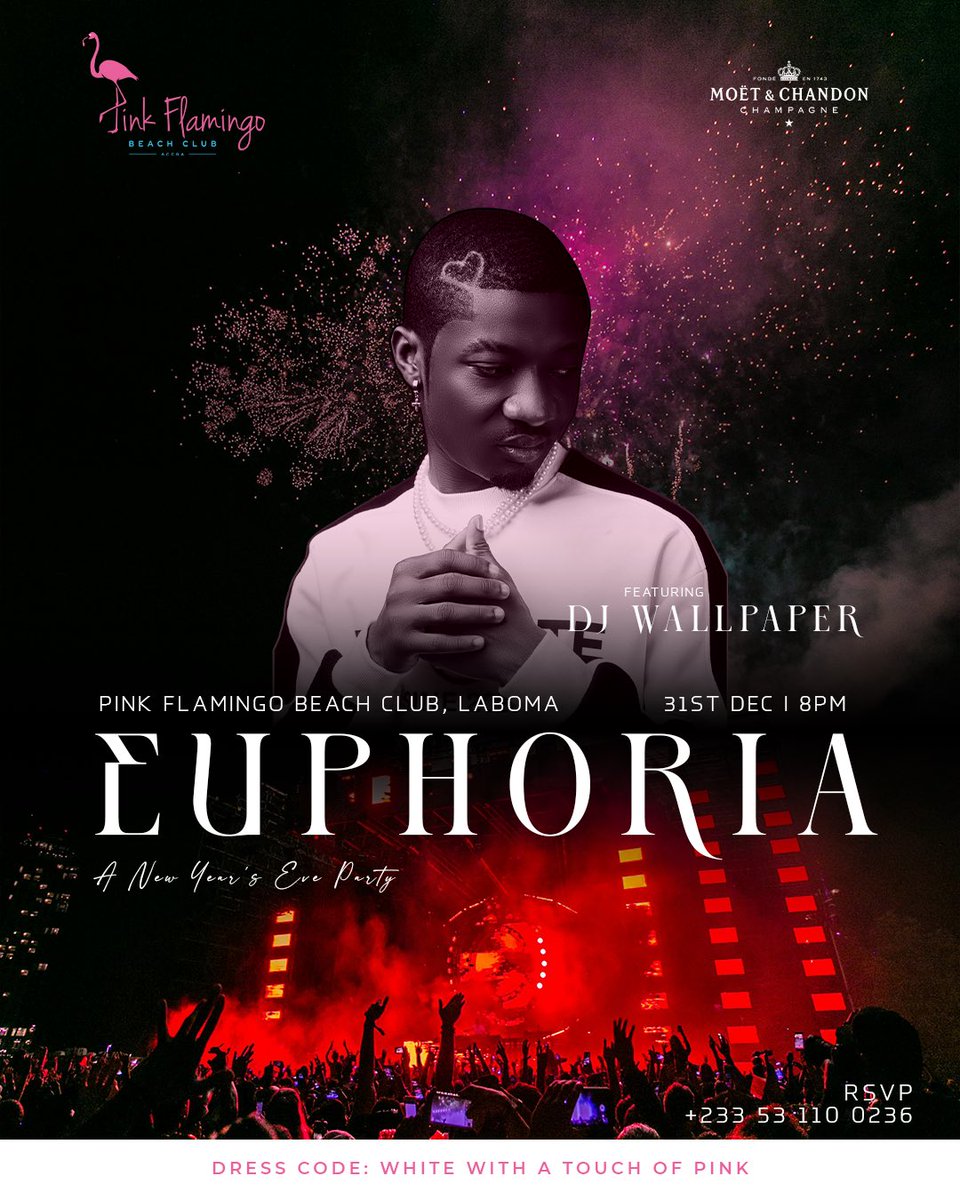 PinkFlamingoBC's tweet photo. The biggest party to hit the shores of Accra today. Euphoria @PinkFlamingoBC. Doors open from 8pm. Come dressed in white with a touch of pink and stand a chance to win something nice from our sponsor, Moet. 

#PinkFlamingo #Euphoria https://t.co/oZGrglChPj
