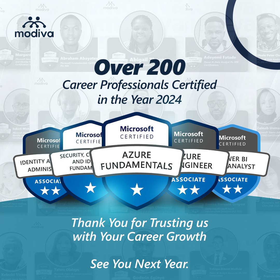 ModivaCommunity's tweet image. At #Modiva we pride ourselves in aiding career professionals in their #upskilling journey. 
This year over 200 career #professionals took at least one #certification course, passed and got certified for Free.

Thank you for your partnership with us this year, see you next year!